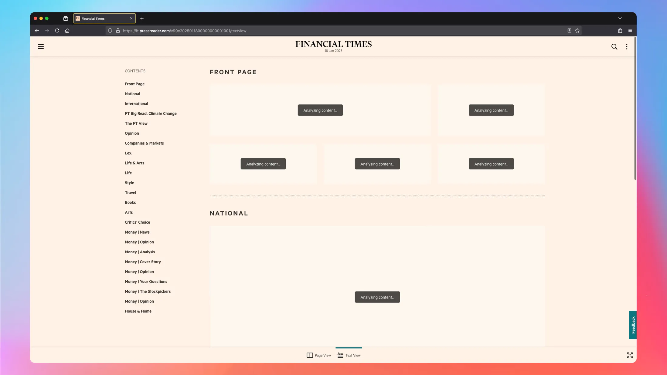 Screenshot showing FT Weekend webpage layout with all articles hidden with a label over them saying 'Analyzing content'