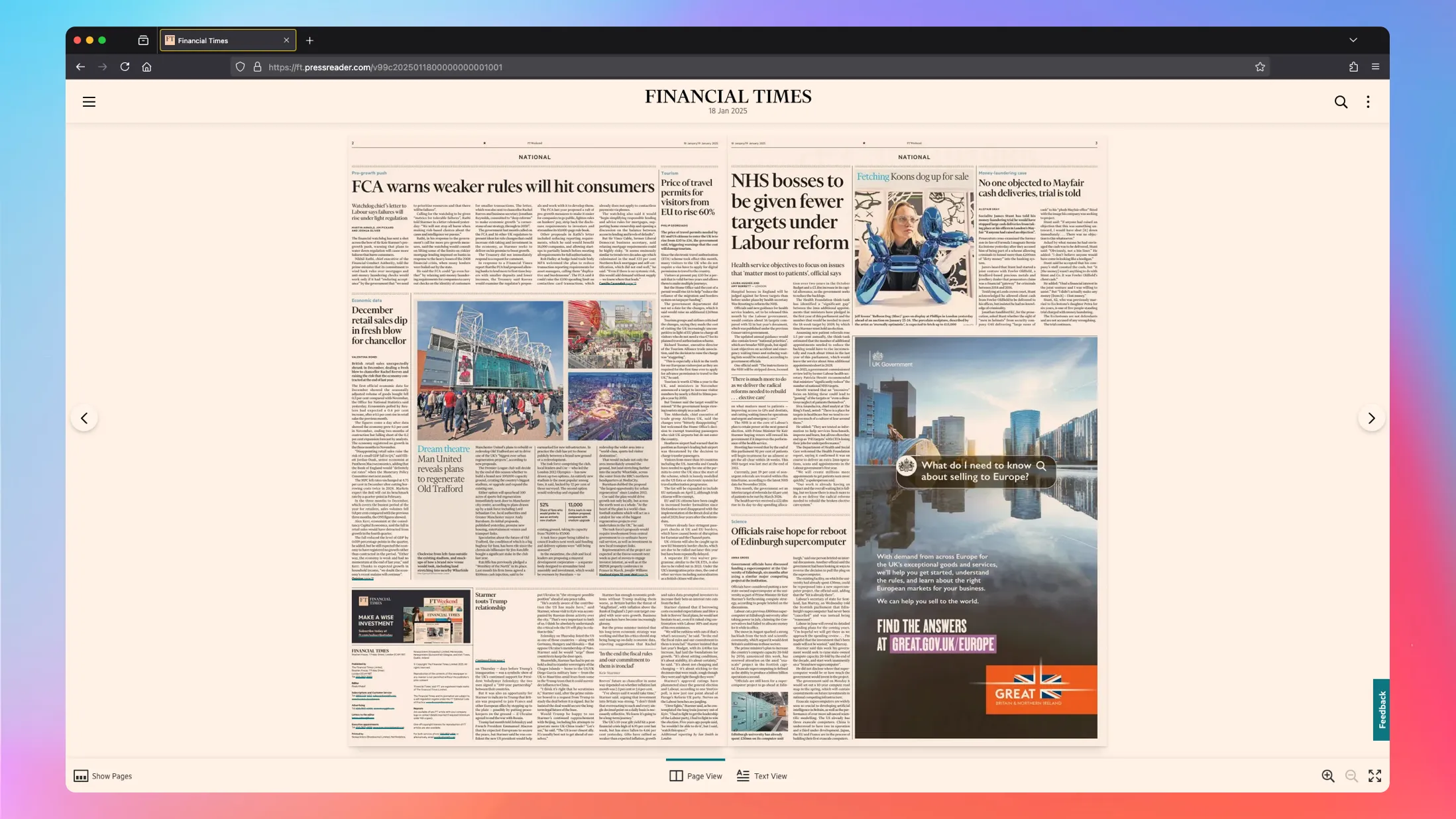 Screenshot showing FT Weekend newspaper style layout. Big ads and articles I'm not cared about.