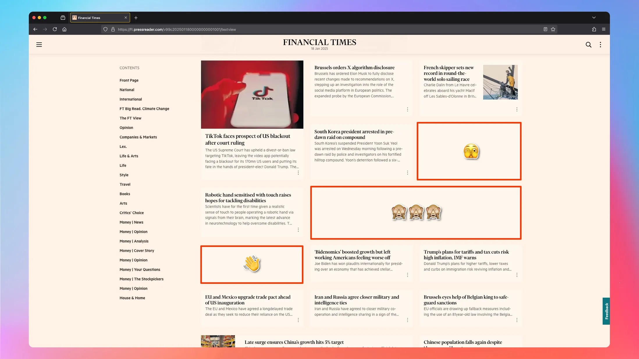 Screenshot showing FT Weekend webpage layout with three articles hidden