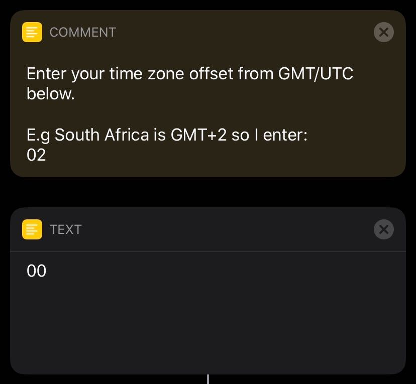 Enter your GMT time zone offset into the Shortcut