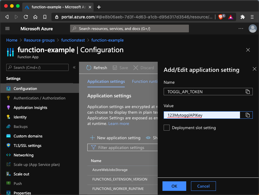 Setting the Toggl Track API key as an Application setting